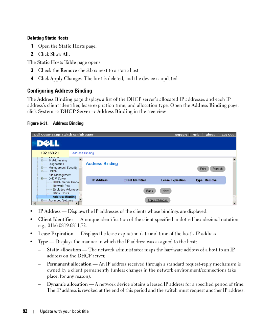 Dell 28XX manual Configuring Address Binding, Deleting Static Hosts 