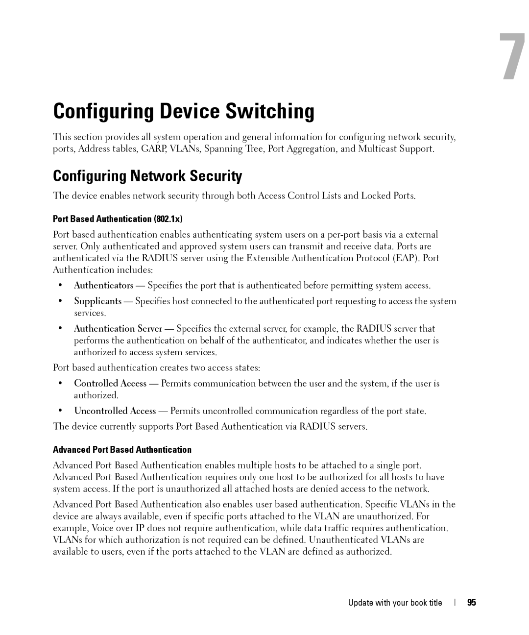 Dell 28XX manual Configuring Device Switching, Configuring Network Security, Port Based Authentication 