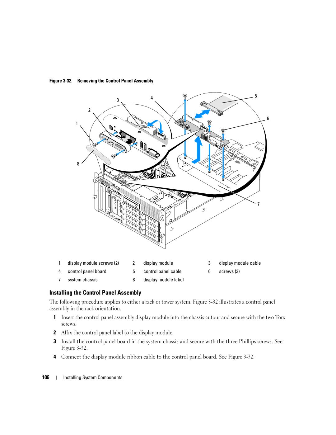 Dell 2900 owner manual Installing the Control Panel Assembly, Display module 