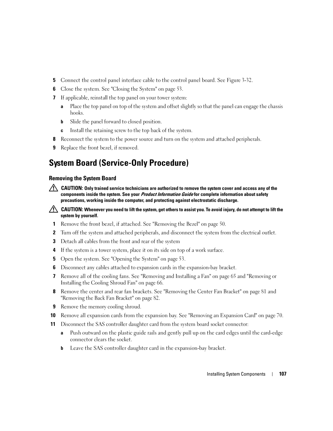 Dell 2900 owner manual System Board Service-Only Procedure, Removing the System Board, 107 