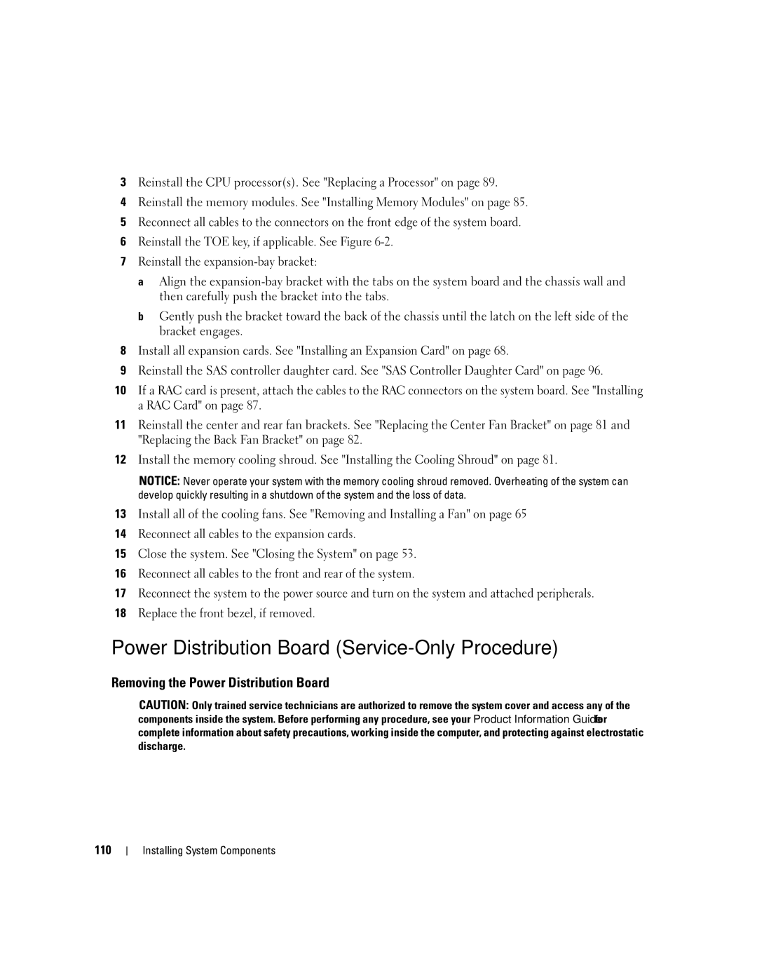 Dell 2900 owner manual Power Distribution Board Service-Only Procedure, Removing the Power Distribution Board, 110 