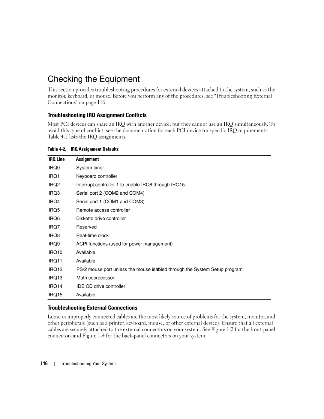 Dell 2900 Checking the Equipment, Troubleshooting IRQ Assignment Conflicts, Troubleshooting External Connections, 116 