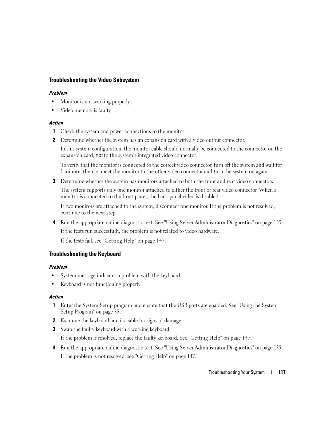 Dell 2900 owner manual Troubleshooting the Video Subsystem, Troubleshooting the Keyboard, 117, Problem 