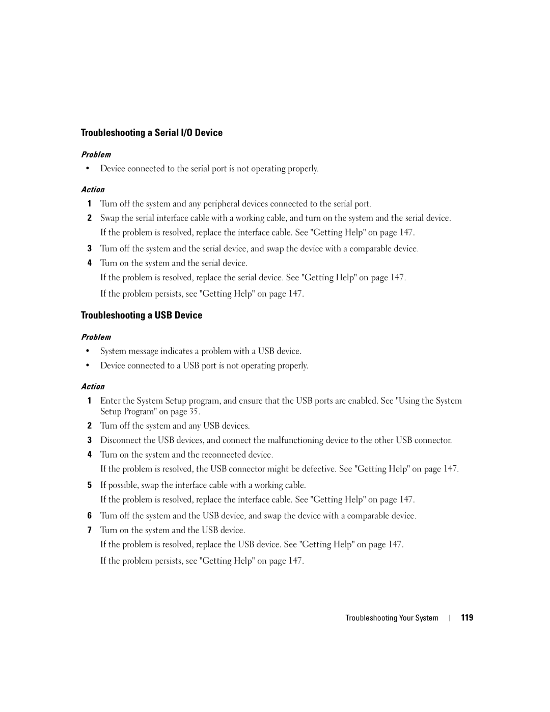 Dell 2900 owner manual Troubleshooting a Serial I/O Device, Troubleshooting a USB Device, 119 