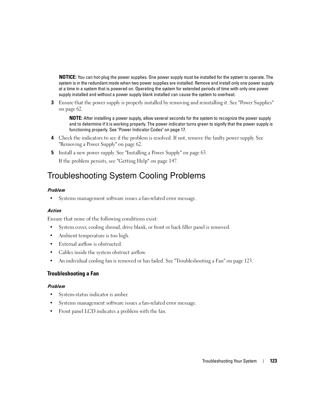 Dell 2900 owner manual Troubleshooting System Cooling Problems, Troubleshooting a Fan, 123 