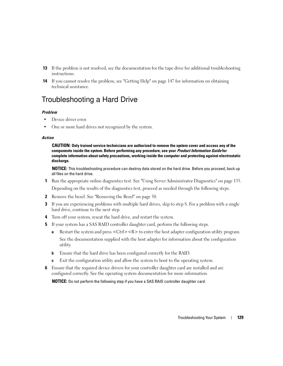 Dell 2900 owner manual Troubleshooting a Hard Drive, 129 