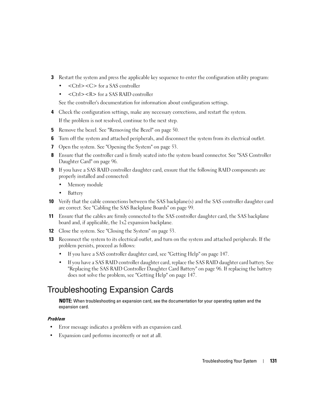 Dell 2900 owner manual Troubleshooting Expansion Cards, 131 