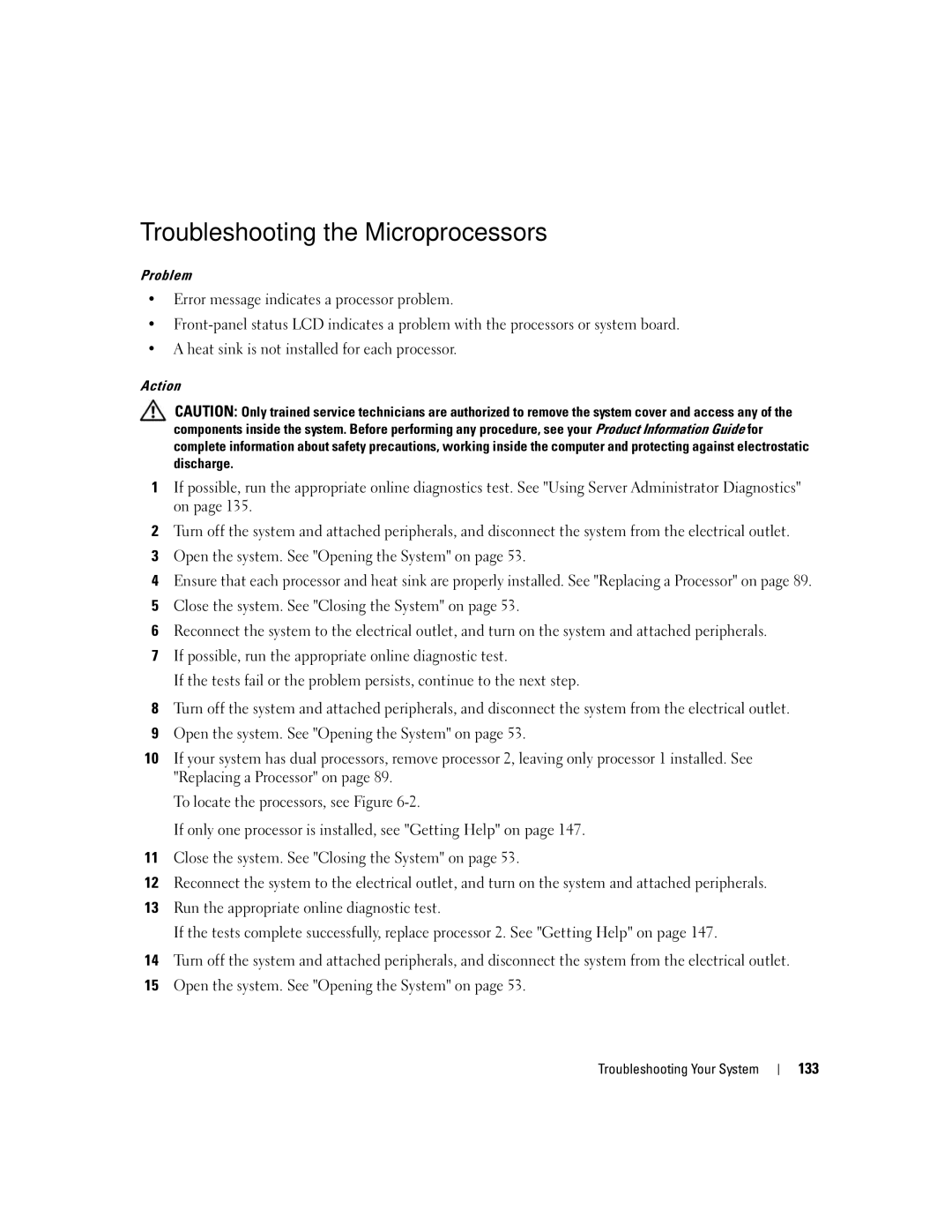 Dell 2900 owner manual Troubleshooting the Microprocessors, 133 