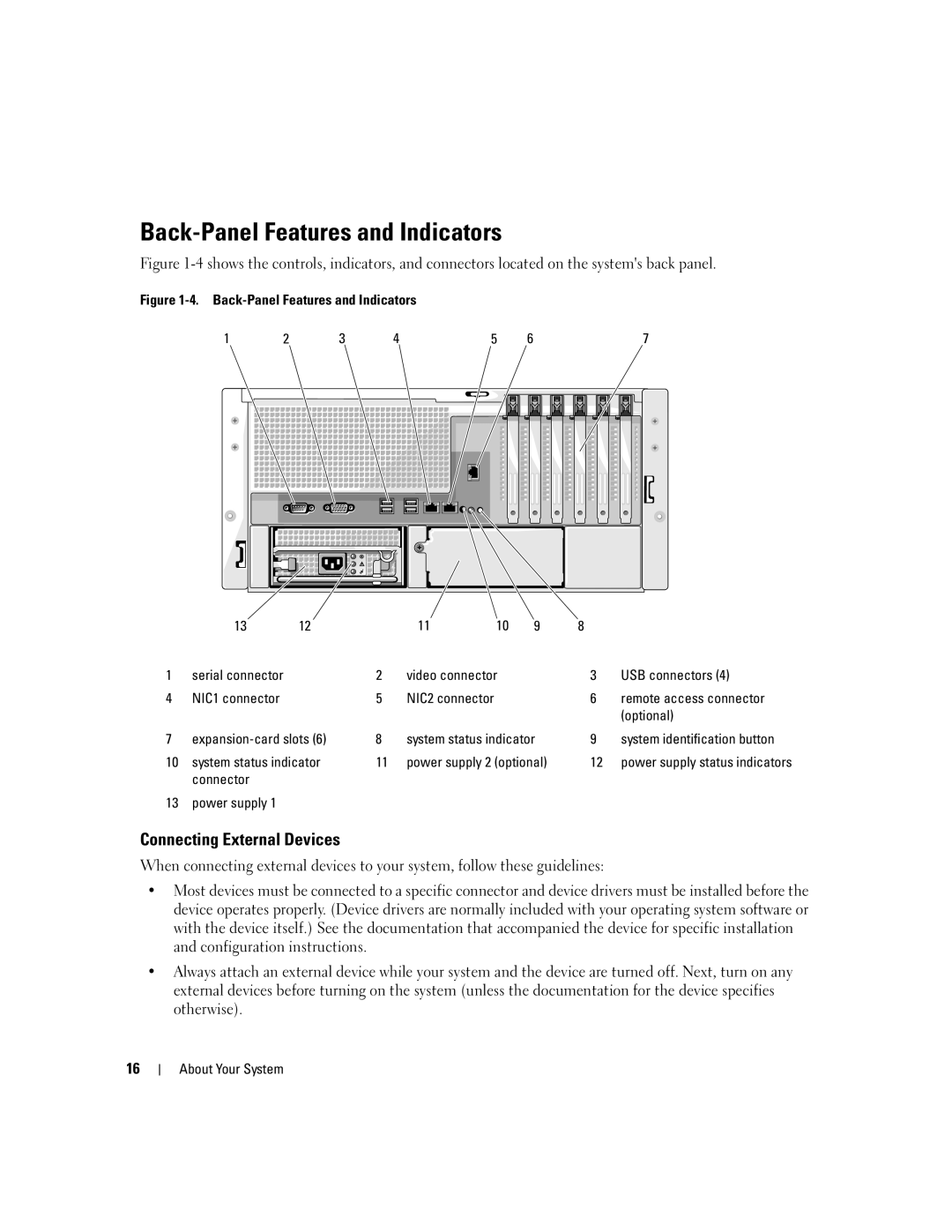 Dell 2900 Back-Panel Features and Indicators, Connecting External Devices, System status indicator Power supply 2 optional 