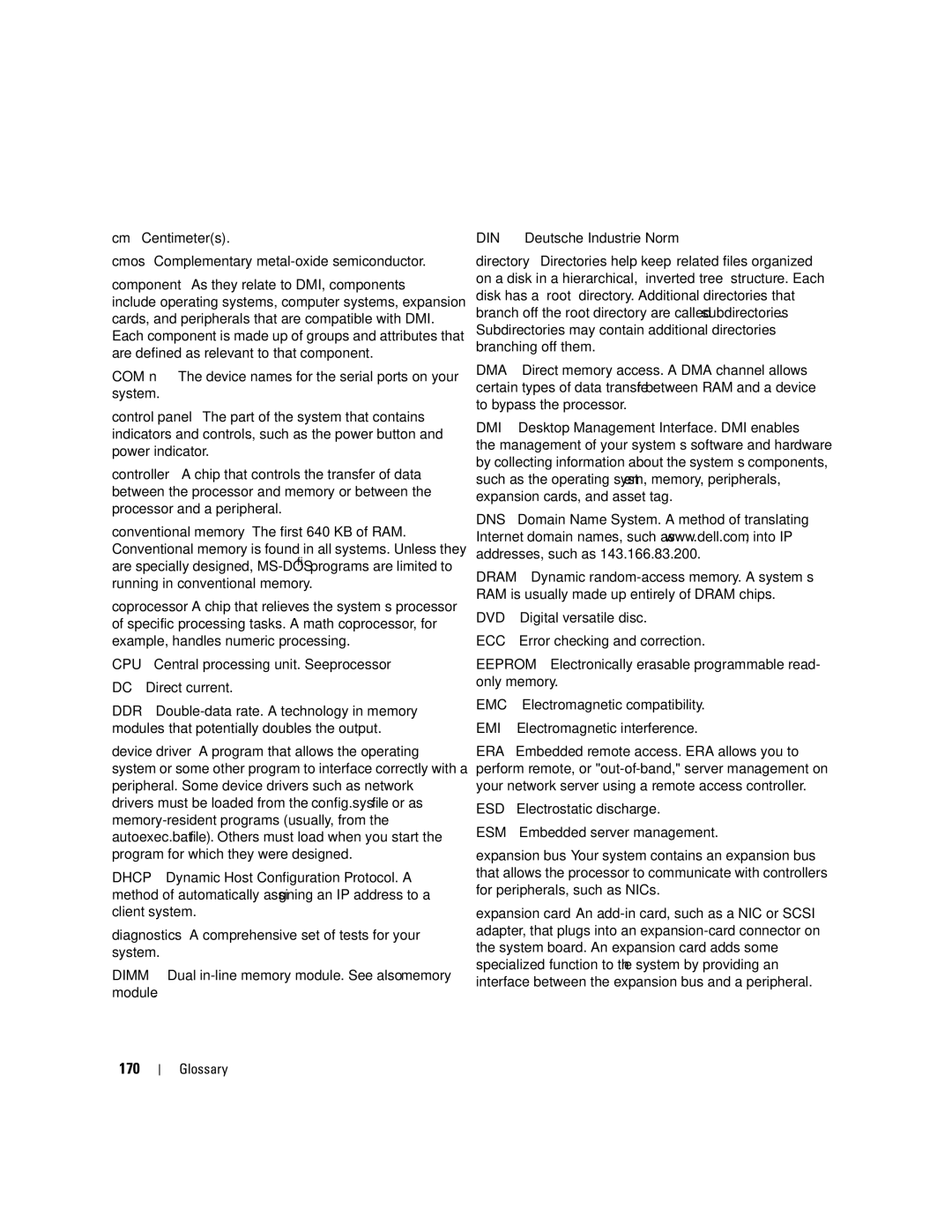 Dell 2900 owner manual 170, Cm Centimeters Cmos Complementary metal-oxide semiconductor 