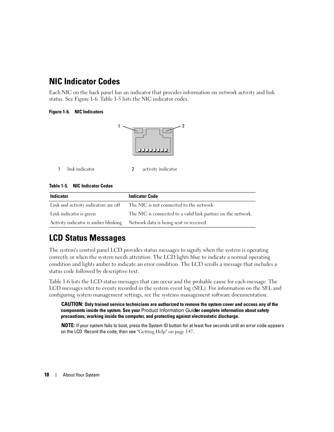 Dell 2900 owner manual NIC Indicator Codes, LCD Status Messages 