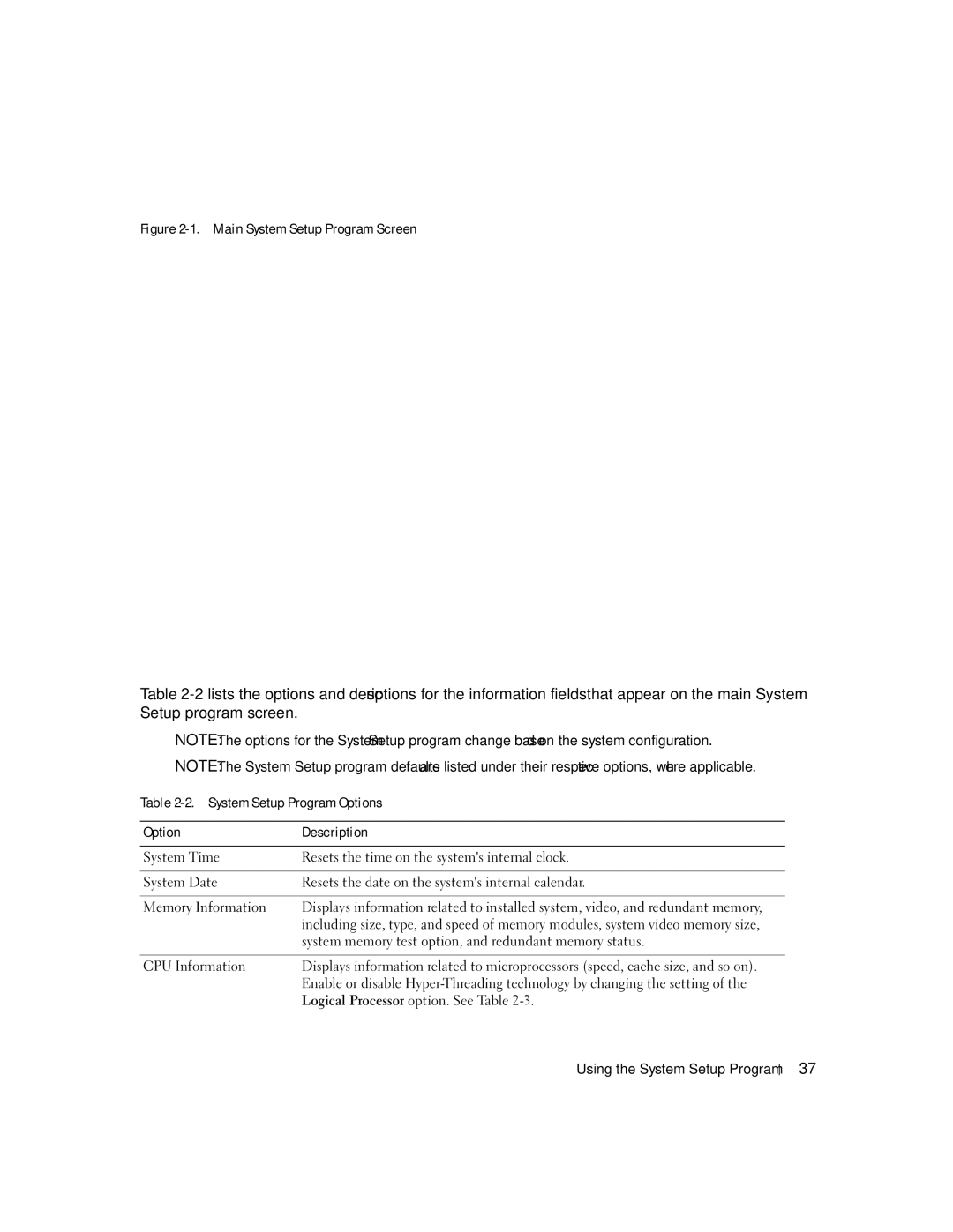 Dell 2900 System memory test option, and redundant memory status, CPU Information, Logical Processor option. See Table 