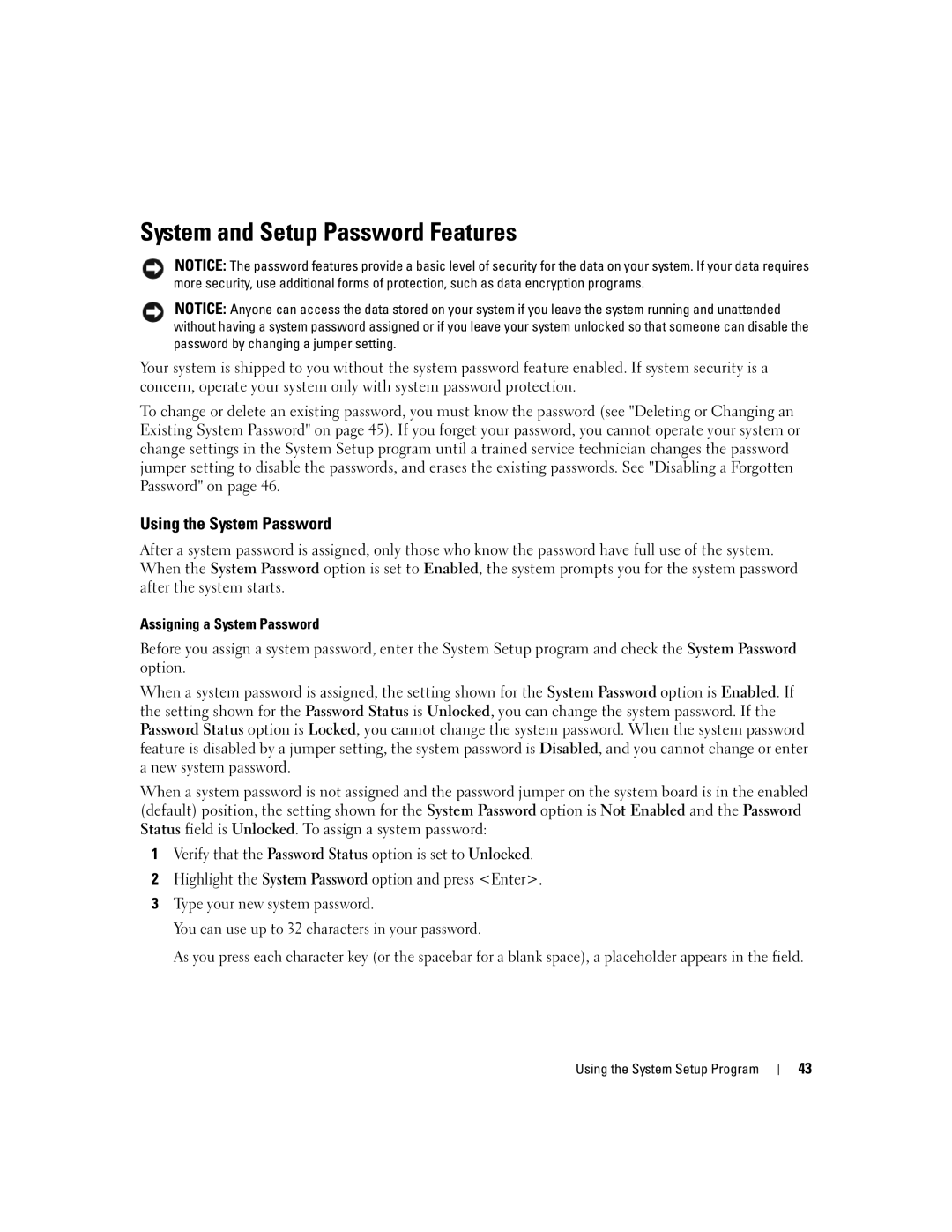 Dell 2900 owner manual System and Setup Password Features, Using the System Password 