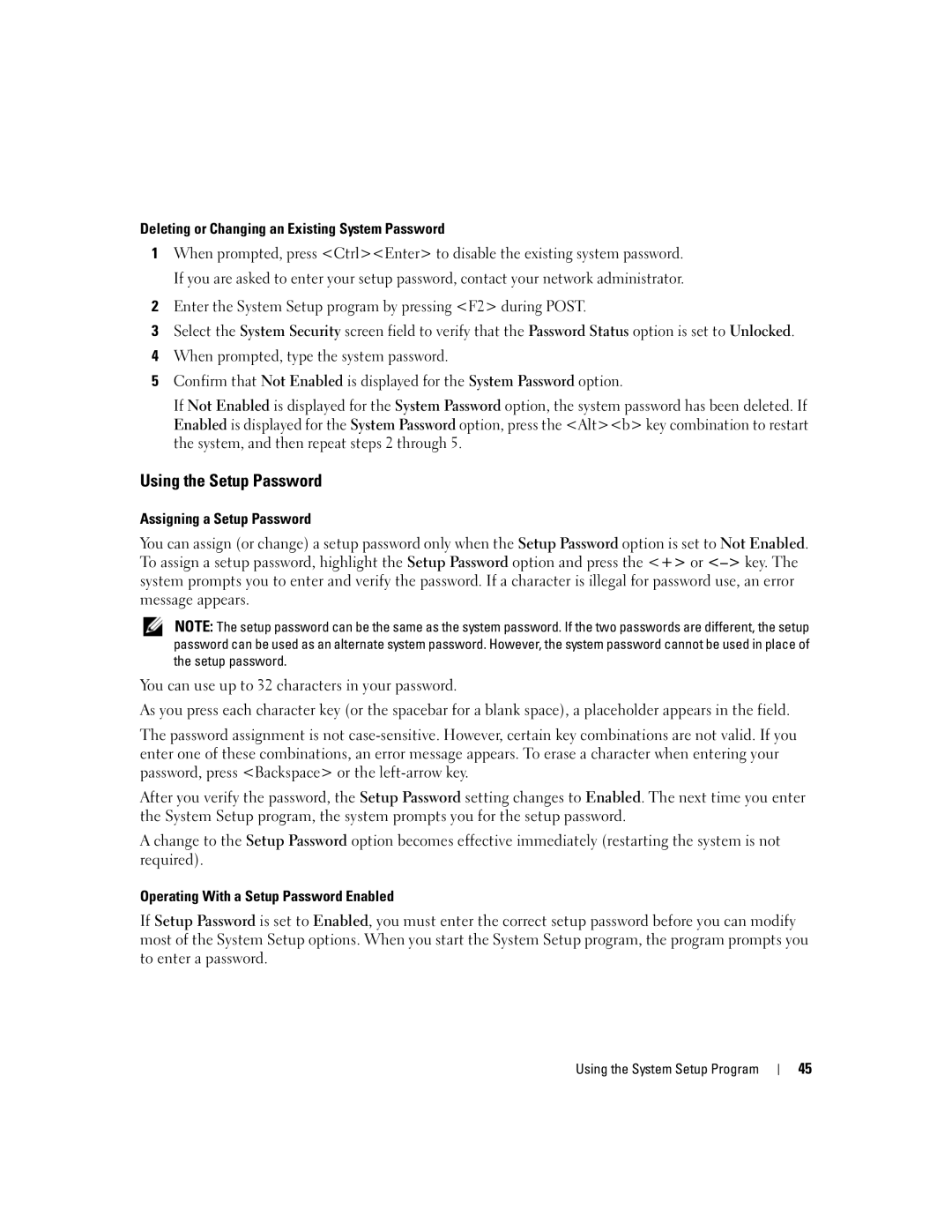 Dell 2900 owner manual Using the Setup Password, Deleting or Changing an Existing System Password 