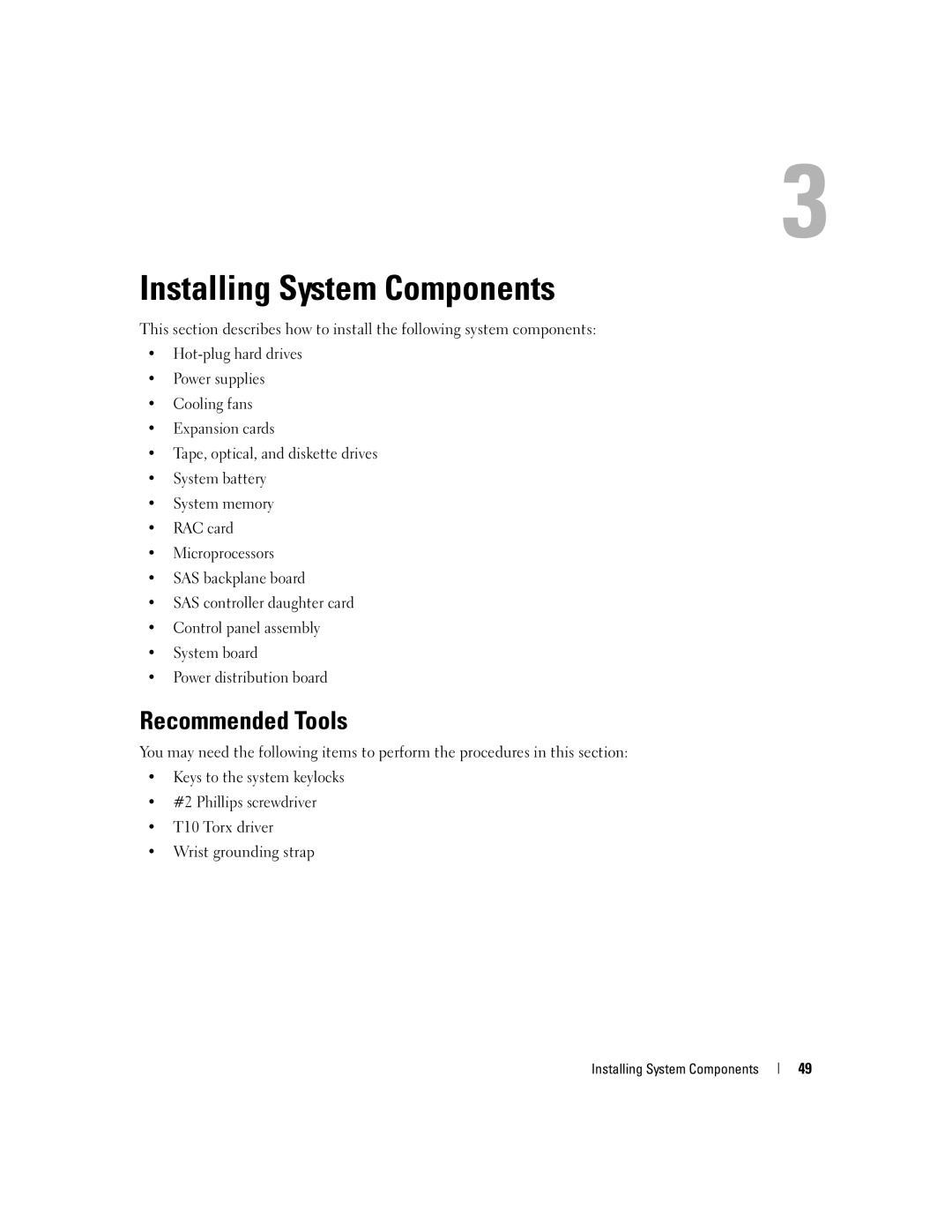 Dell 2900 owner manual Recommended Tools, Installing System Components 