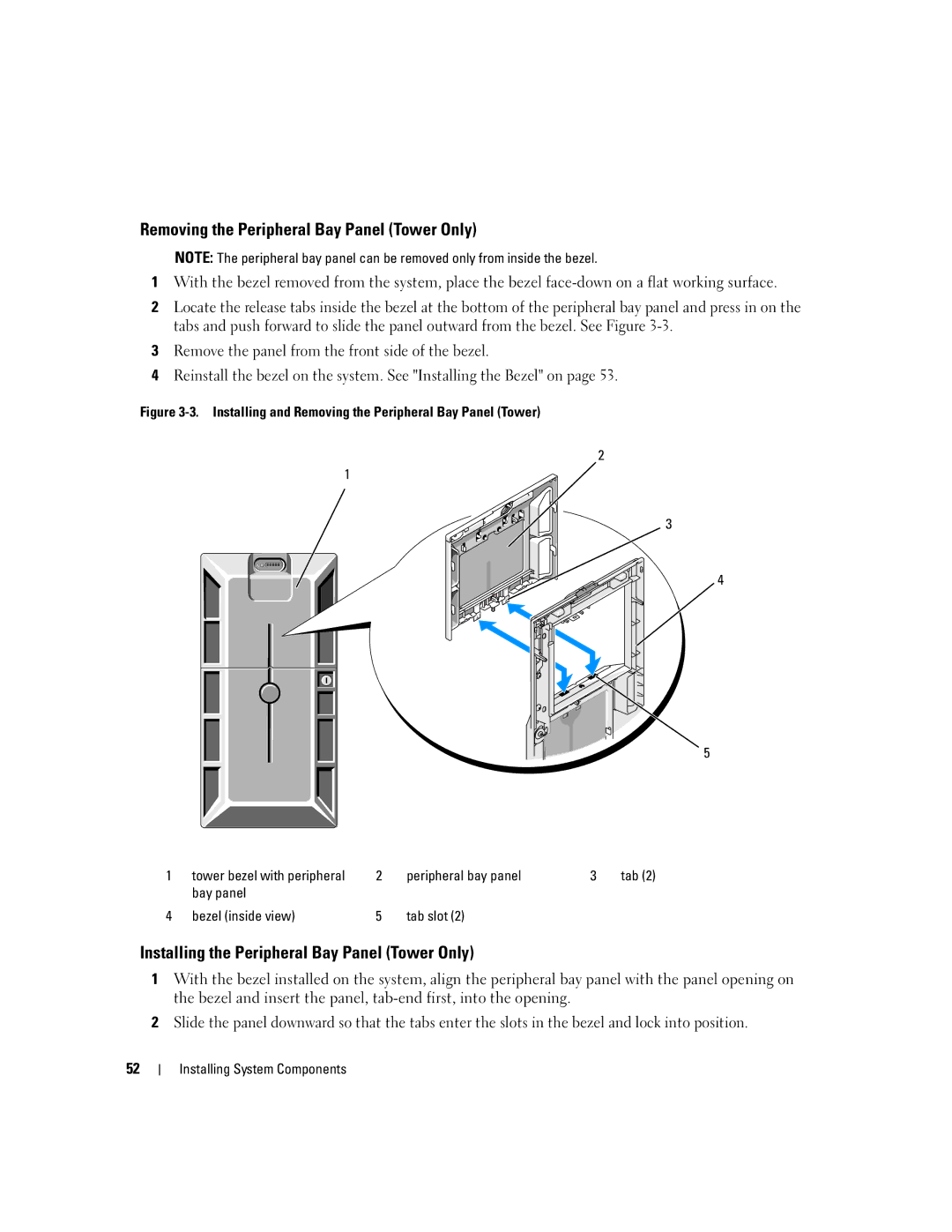 Dell 2900 owner manual Removing the Peripheral Bay Panel Tower Only, Installing the Peripheral Bay Panel Tower Only 