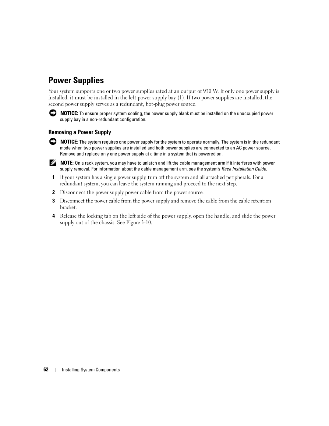 Dell 2900 owner manual Power Supplies, Removing a Power Supply 