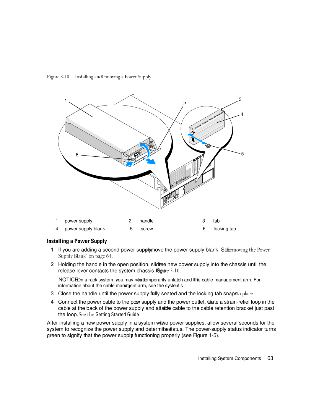 Dell 2900 owner manual Installing a Power Supply, Power supply Handle Tab Power supply blank Screw 