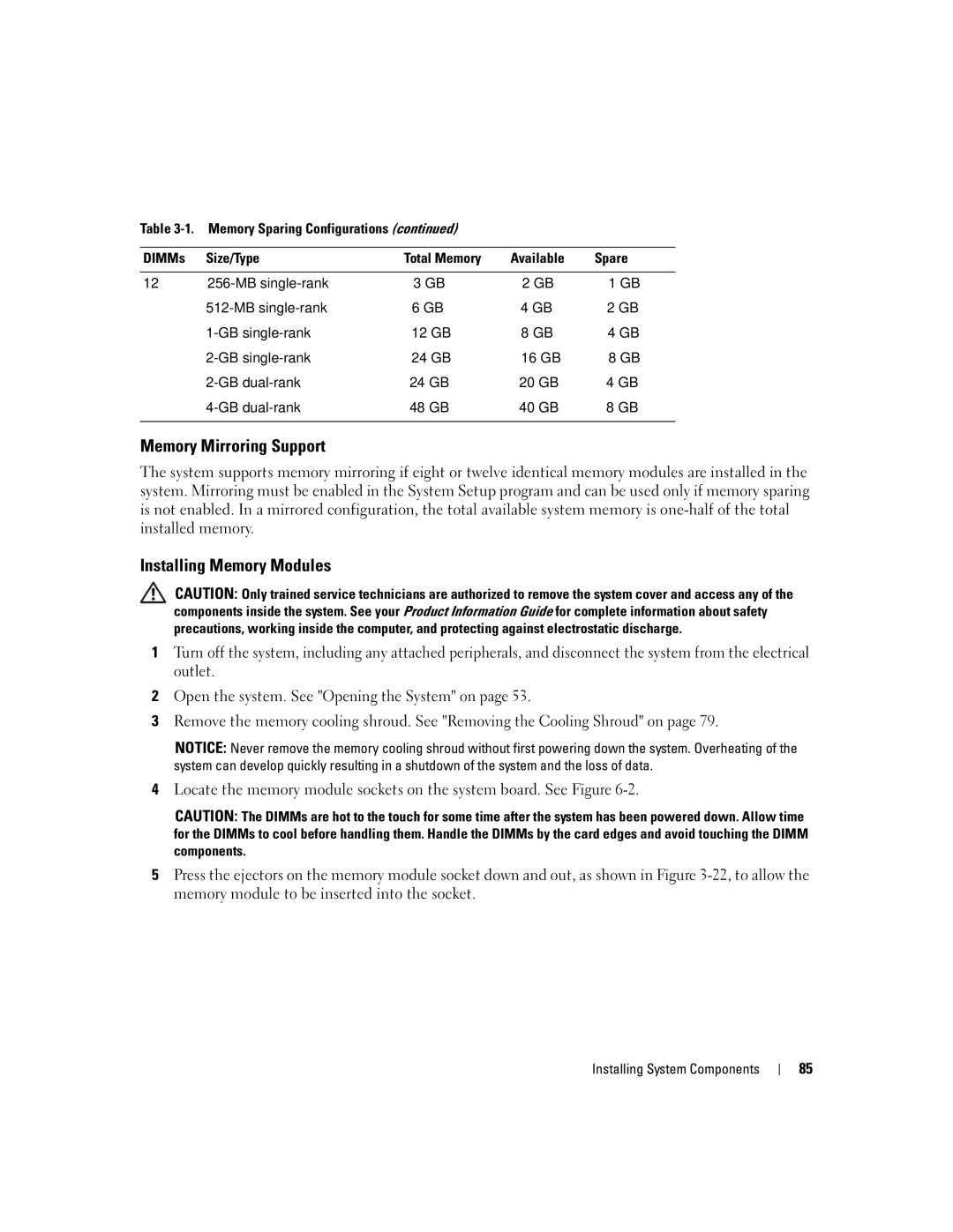 Dell 2900 owner manual Memory Mirroring Support, Installing Memory Modules 