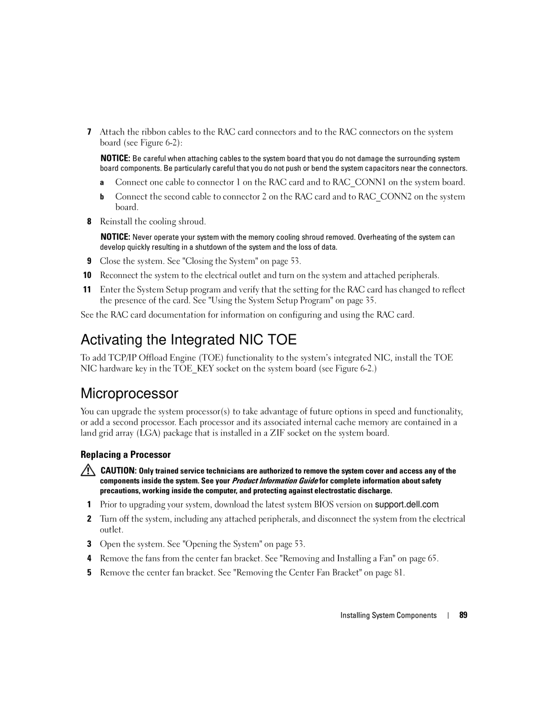 Dell 2900 owner manual Activating the Integrated NIC TOE, Microprocessor, Replacing a Processor 