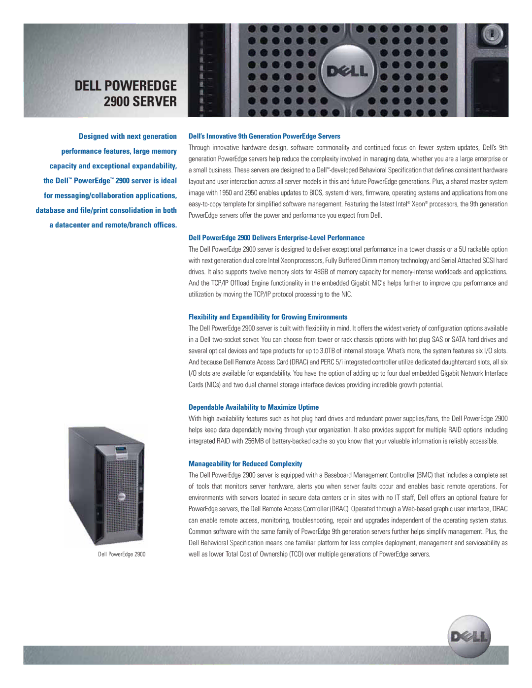 Dell 2900 manual Dell’s Innovative 9th Generation PowerEdge Servers, Dependable Availability to Maximize Uptime 