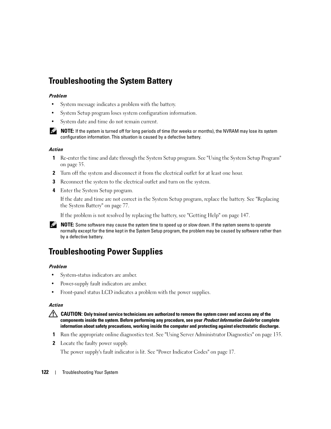 Dell 2900 owner manual Troubleshooting the System Battery, Troubleshooting Power Supplies 