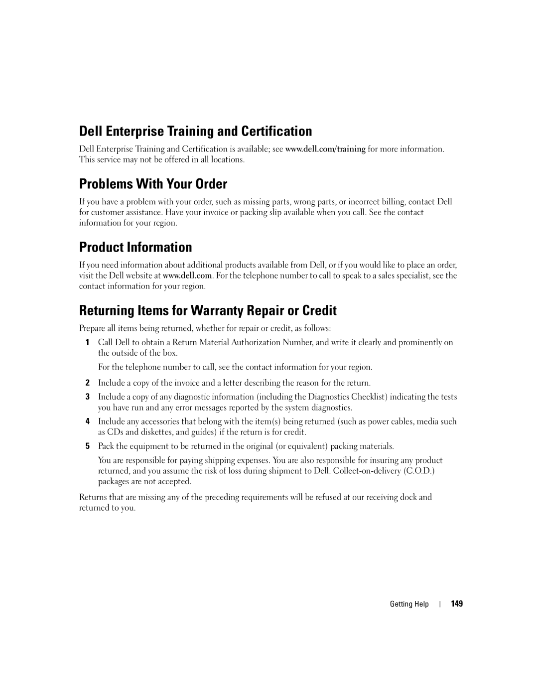 Dell 2900 owner manual Dell Enterprise Training and Certification, Problems With Your Order, Product Information 