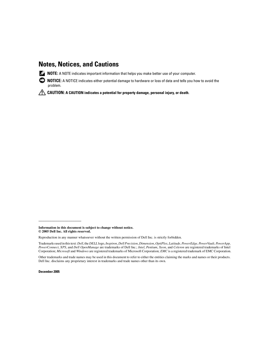 Dell 2900 owner manual Notes, Notices, and Cautions, December 