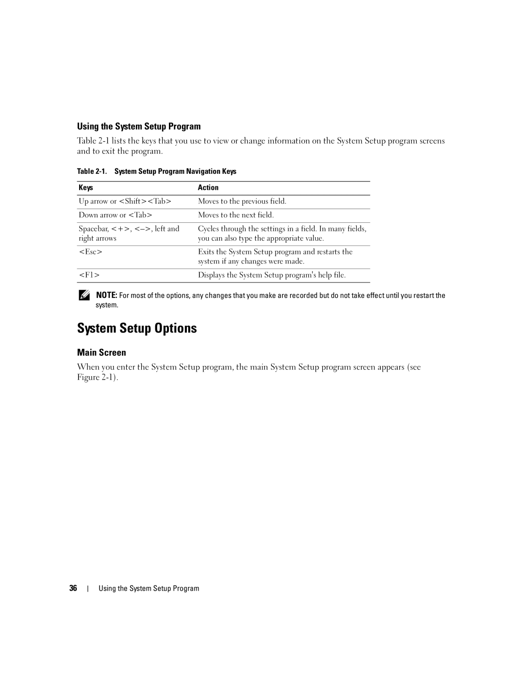 Dell 2900 owner manual System Setup Options, Using the System Setup Program, Main Screen 
