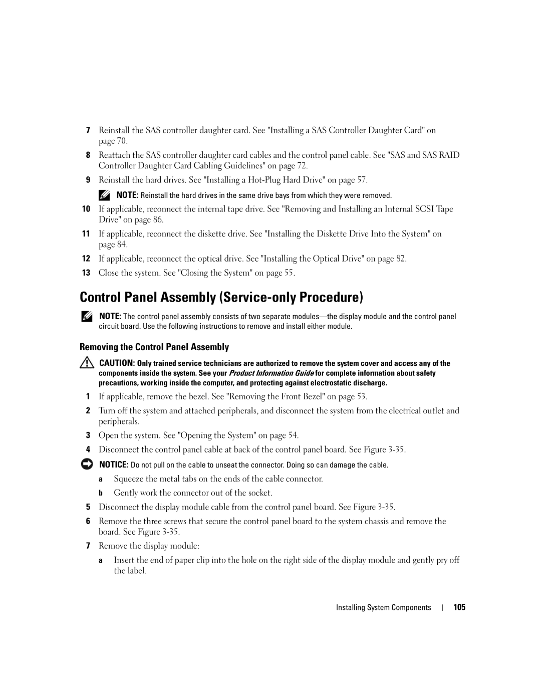 Dell 2950 owner manual Control Panel Assembly Service-only Procedure, Removing the Control Panel Assembly, 105 