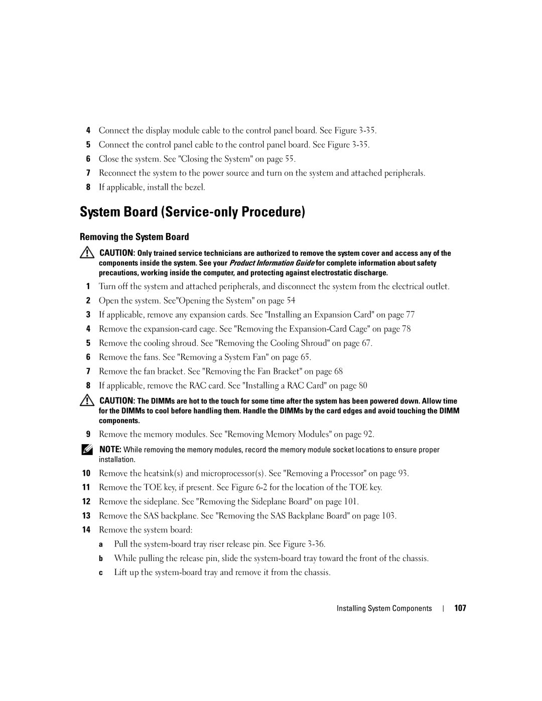 Dell 2950 owner manual System Board Service-only Procedure, Removing the System Board, 107 