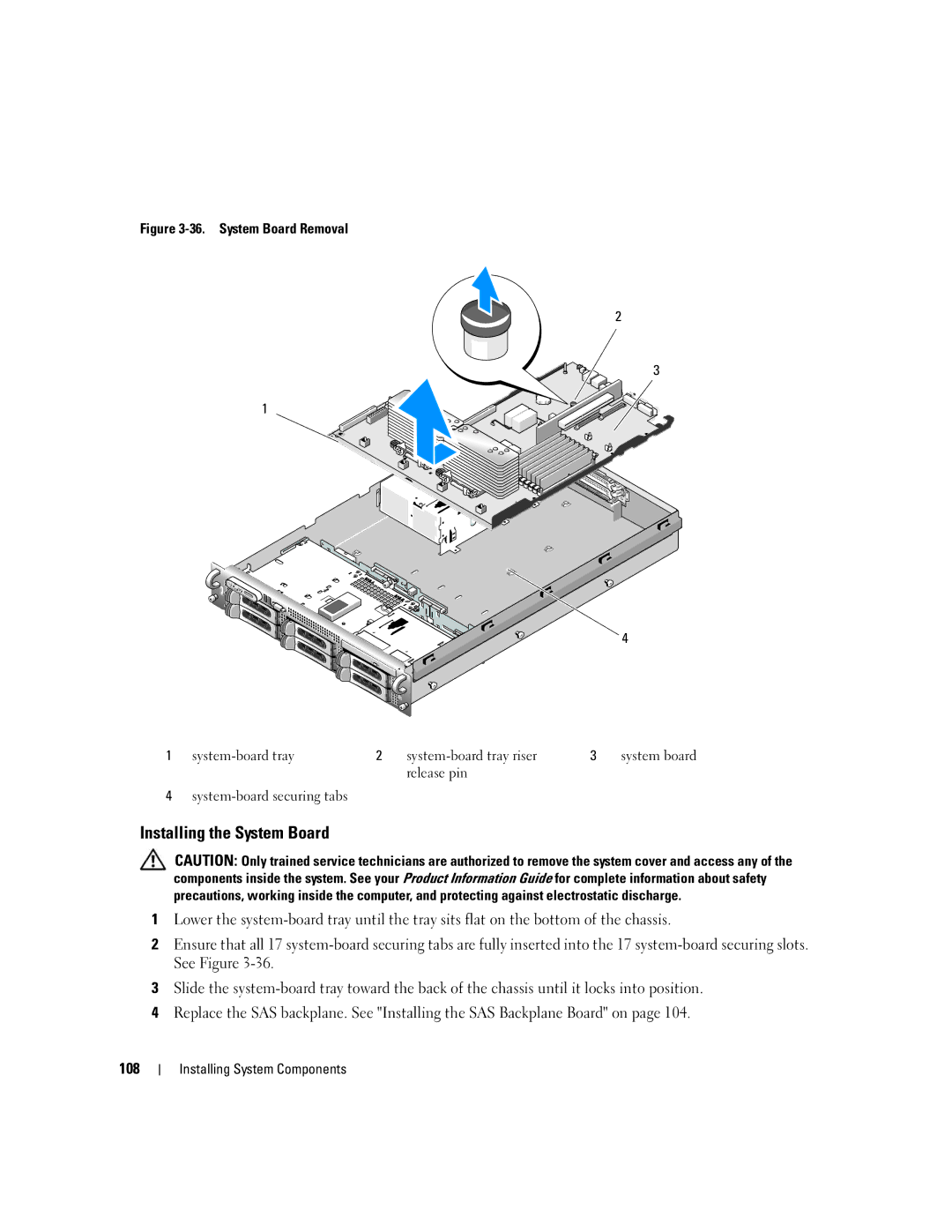 Dell 2950 owner manual Installing the System Board, Release pin System-board securing tabs 