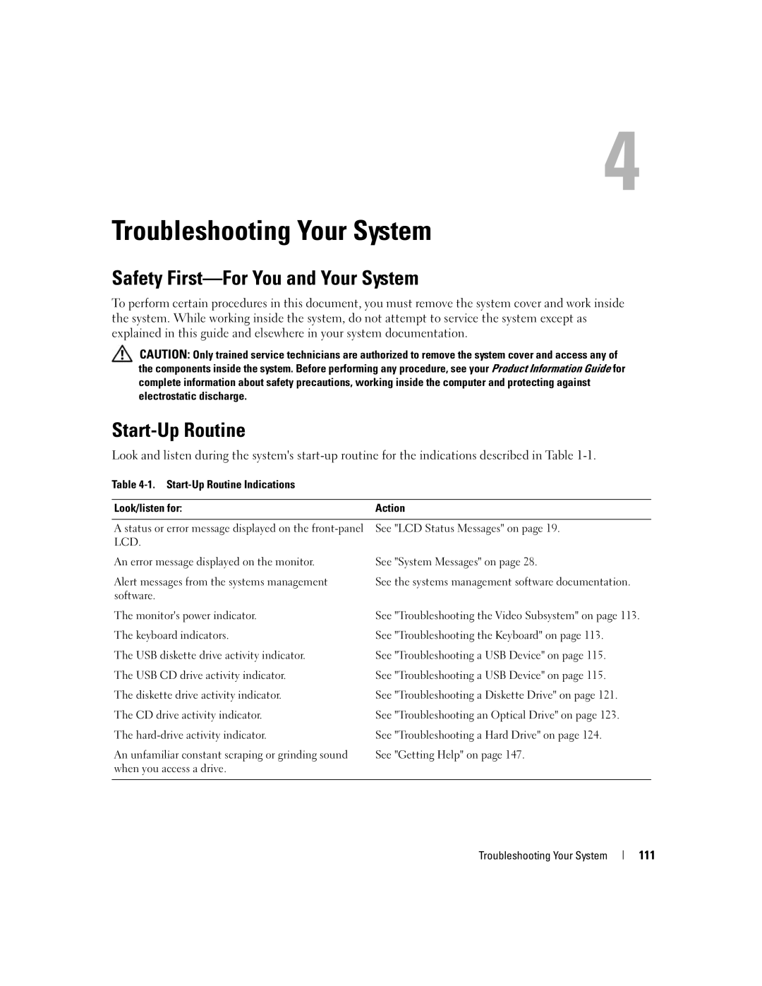 Dell 2950 owner manual Safety First-For You and Your System, Start-Up Routine, 111 