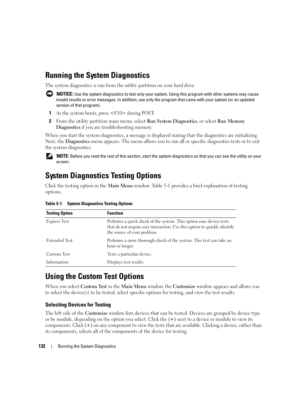 Dell 2950 Running the System Diagnostics, System Diagnostics Testing Options, Using the Custom Test Options, 132 