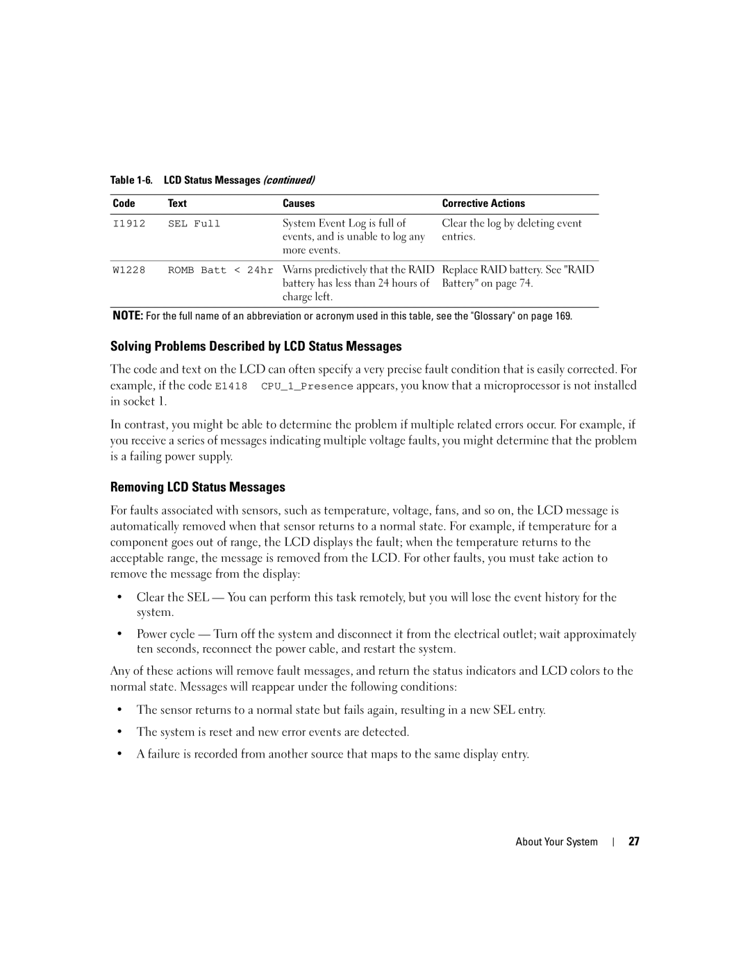 Dell 2950 owner manual Solving Problems Described by LCD Status Messages, Removing LCD Status Messages, I1912 SEL Full 