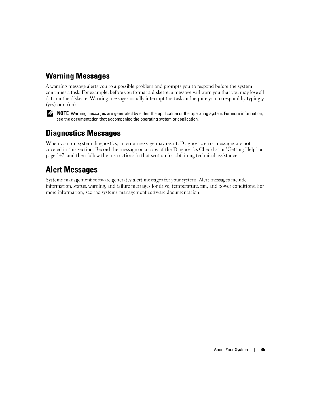 Dell 2950 owner manual Diagnostics Messages, Alert Messages 