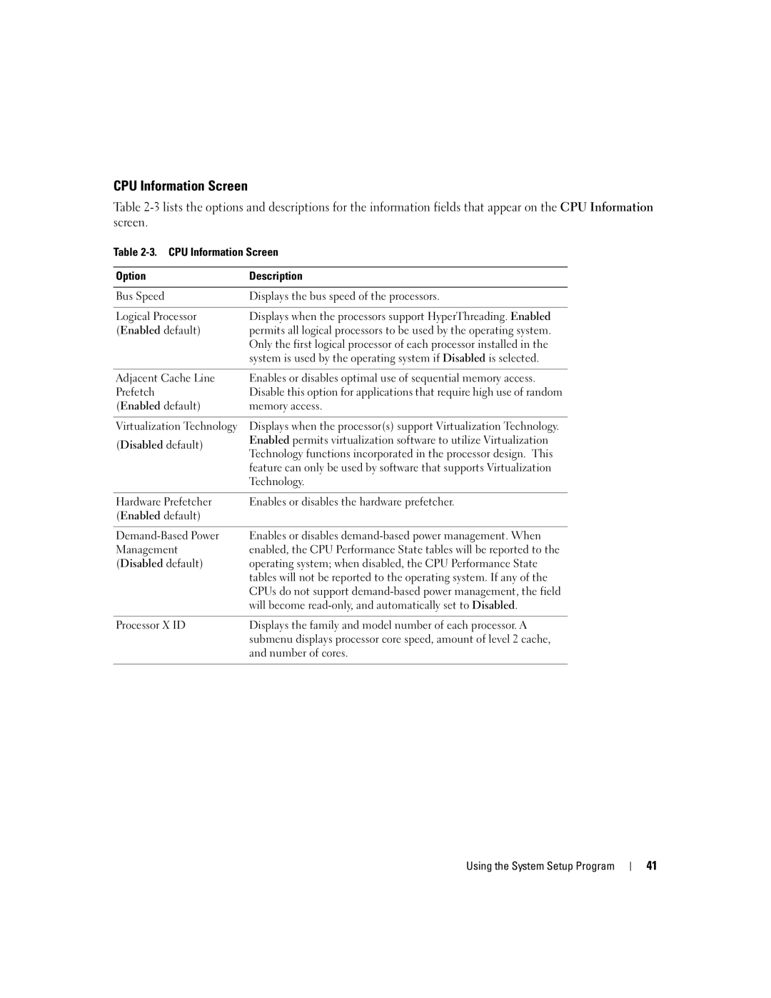 Dell 2950 owner manual CPU Information Screen 