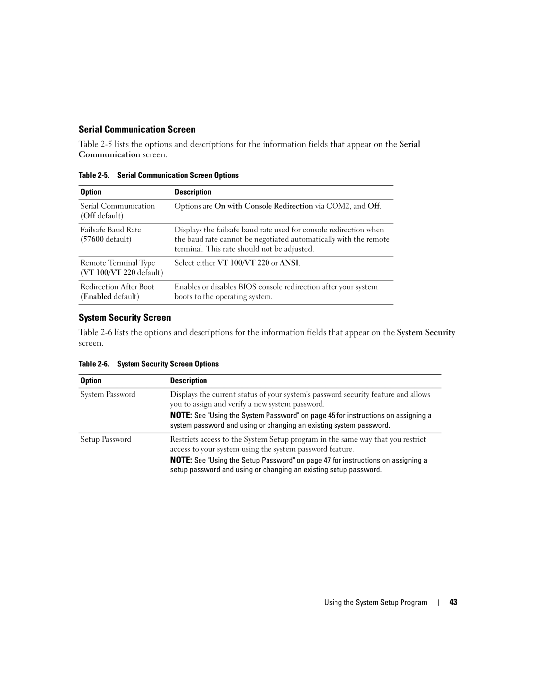 Dell 2950 owner manual Serial Communication Screen, System Security Screen 