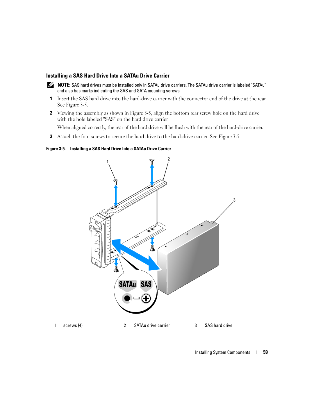 Dell 2950 owner manual Installing a SAS Hard Drive Into a SATAu Drive Carrier, Screws SATAu drive carrier 