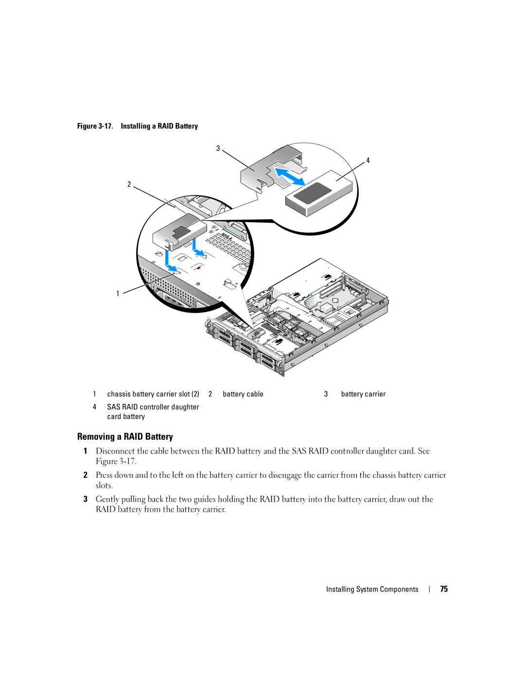 Dell 2950 owner manual Removing a RAID Battery, SAS RAID controller daughter card battery 