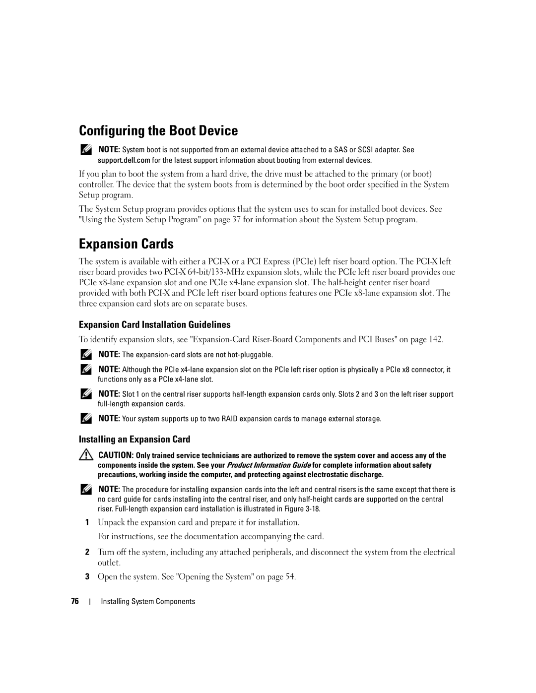 Dell 2950 owner manual Configuring the Boot Device, Expansion Cards, Expansion Card Installation Guidelines 