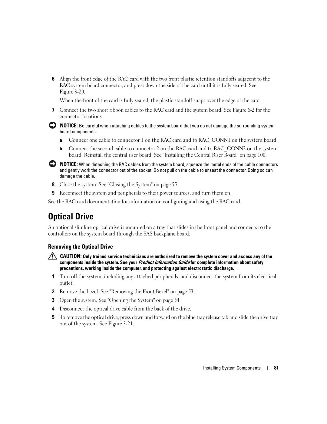 Dell 2950 owner manual Removing the Optical Drive 