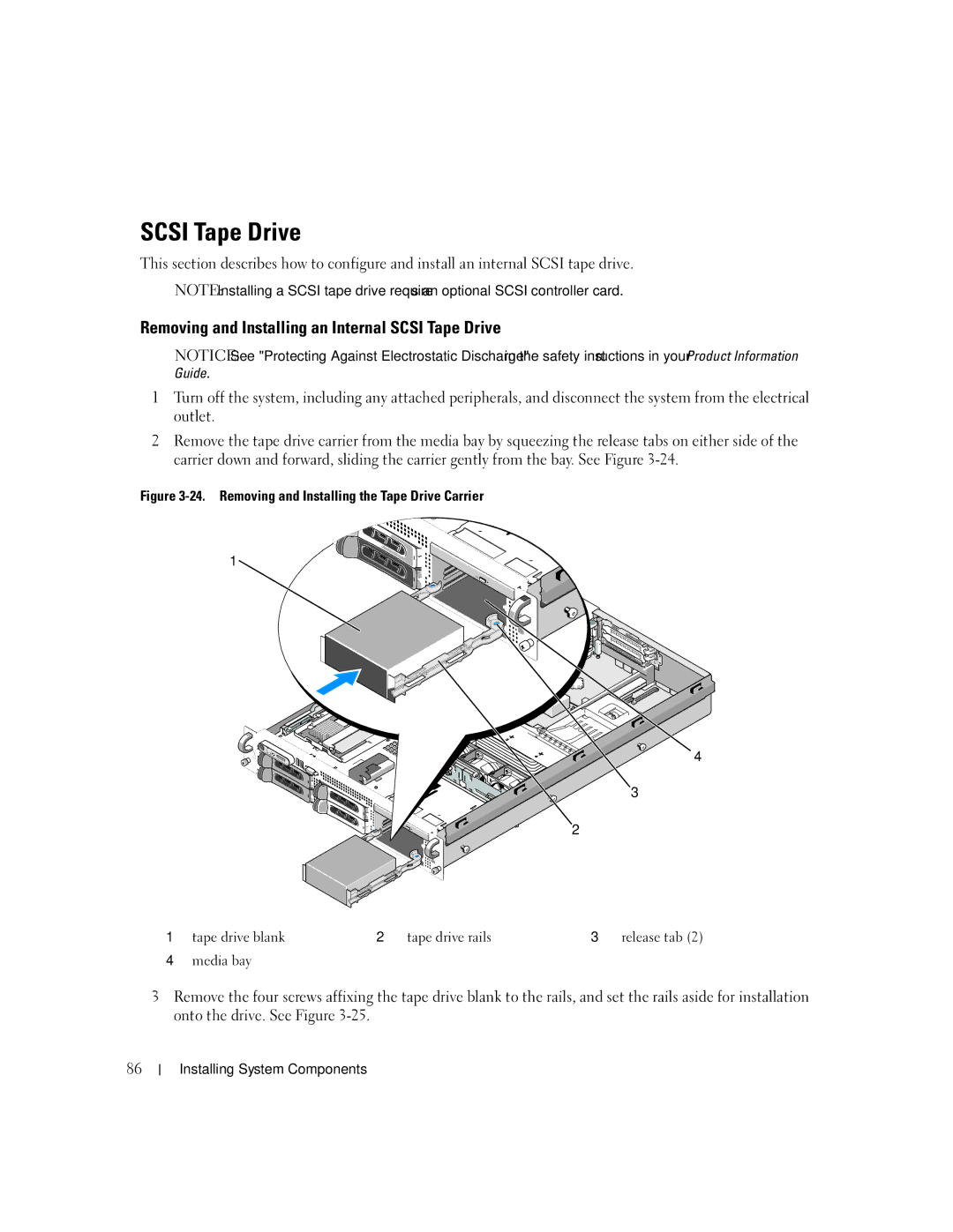 Dell 2950 owner manual Removing and Installing an Internal Scsi Tape Drive 