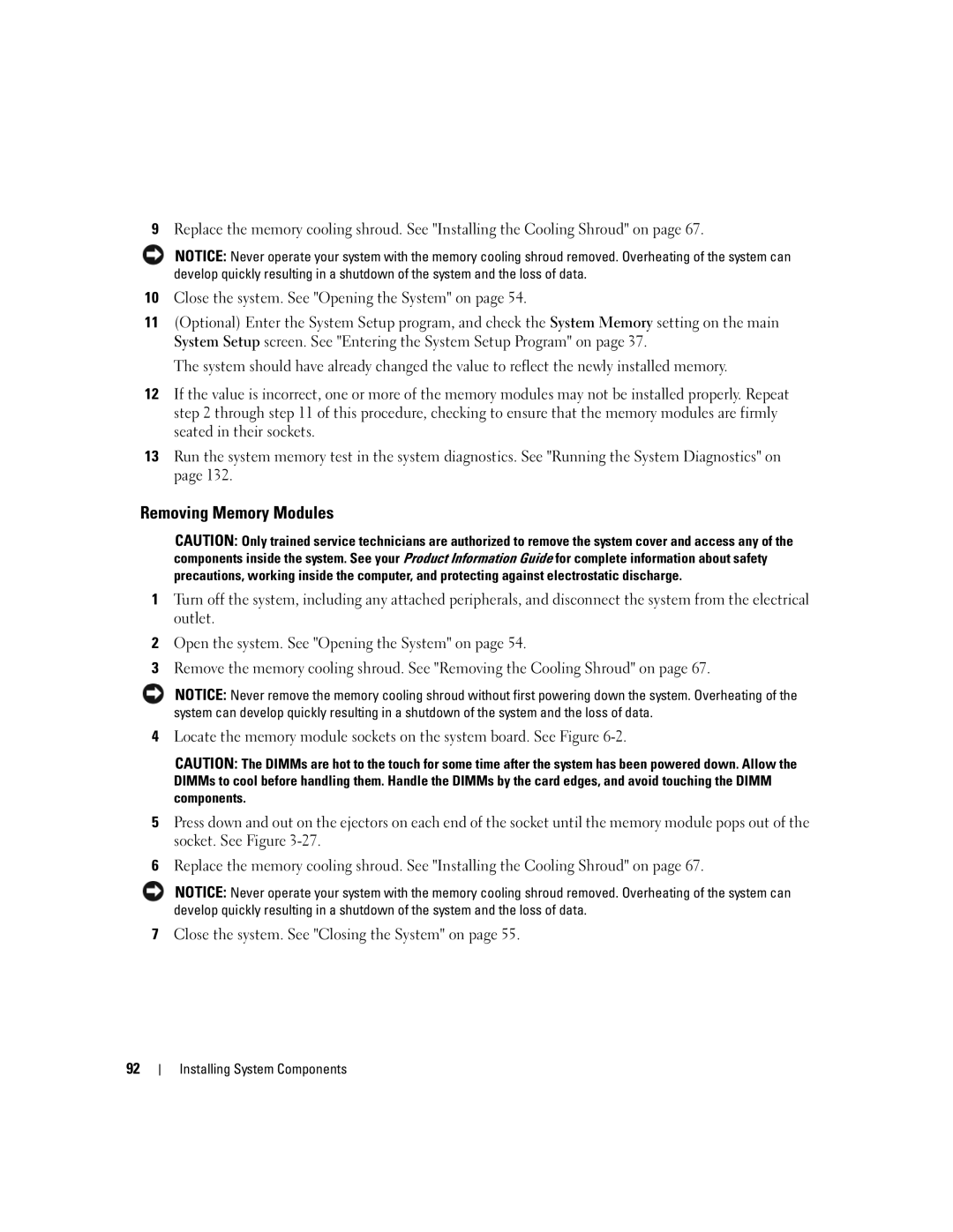 Dell 2950 owner manual Removing Memory Modules 