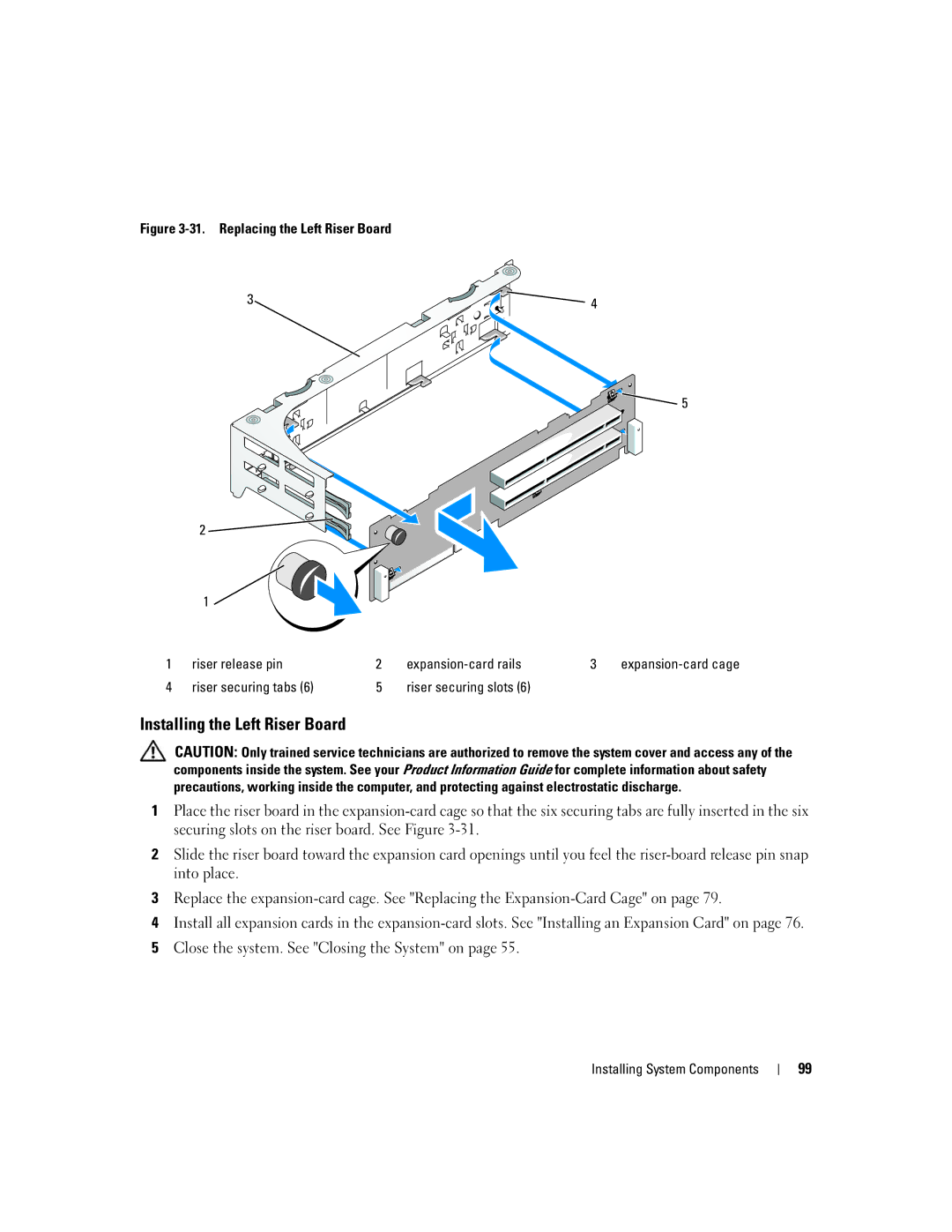 Dell 2950 owner manual Installing the Left Riser Board, Riser securing tabs Riser securing slots 