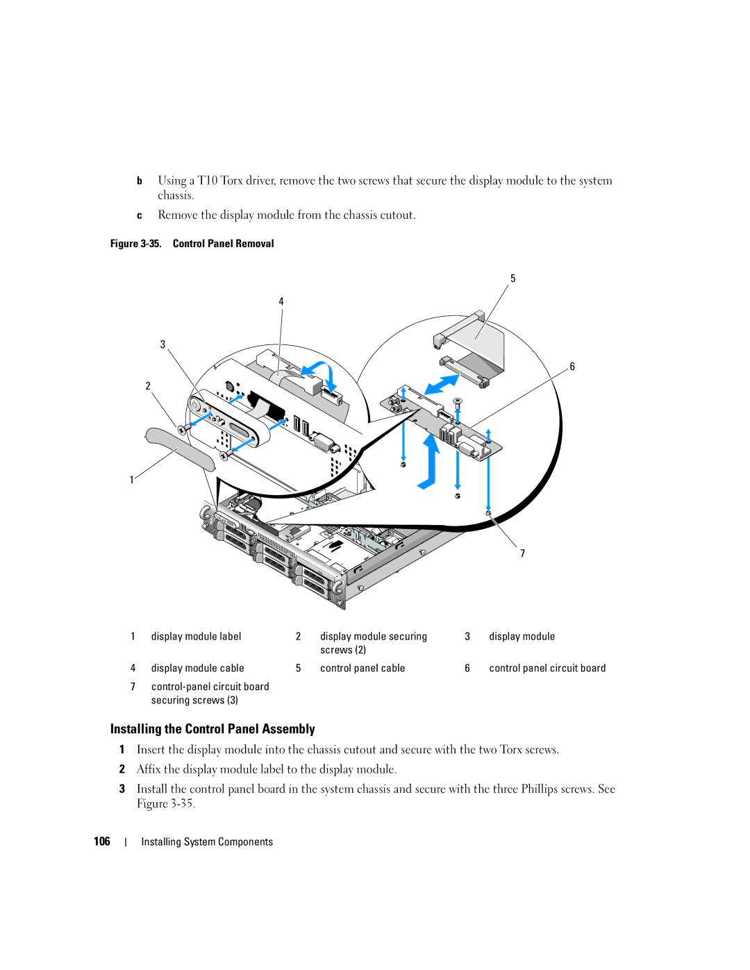 Dell 2950 owner manual Installing the Control Panel Assembly 