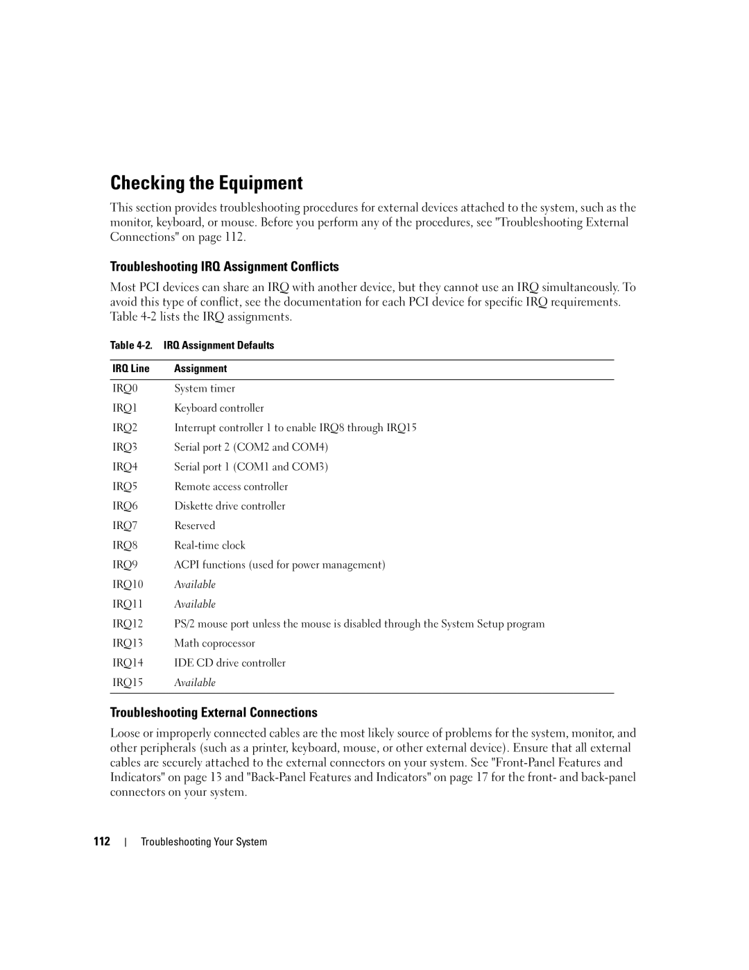 Dell 2950 Checking the Equipment, Troubleshooting IRQ Assignment Conflicts, Troubleshooting External Connections 