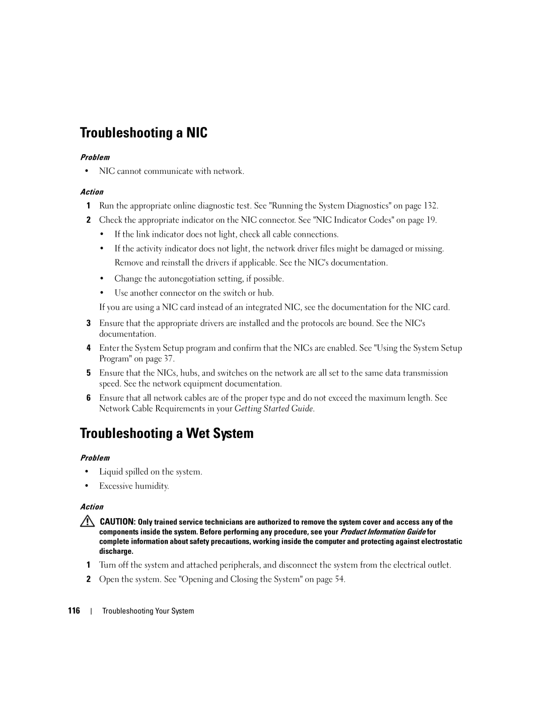 Dell 2950 owner manual Troubleshooting a NIC, Troubleshooting a Wet System, NIC cannot communicate with network 