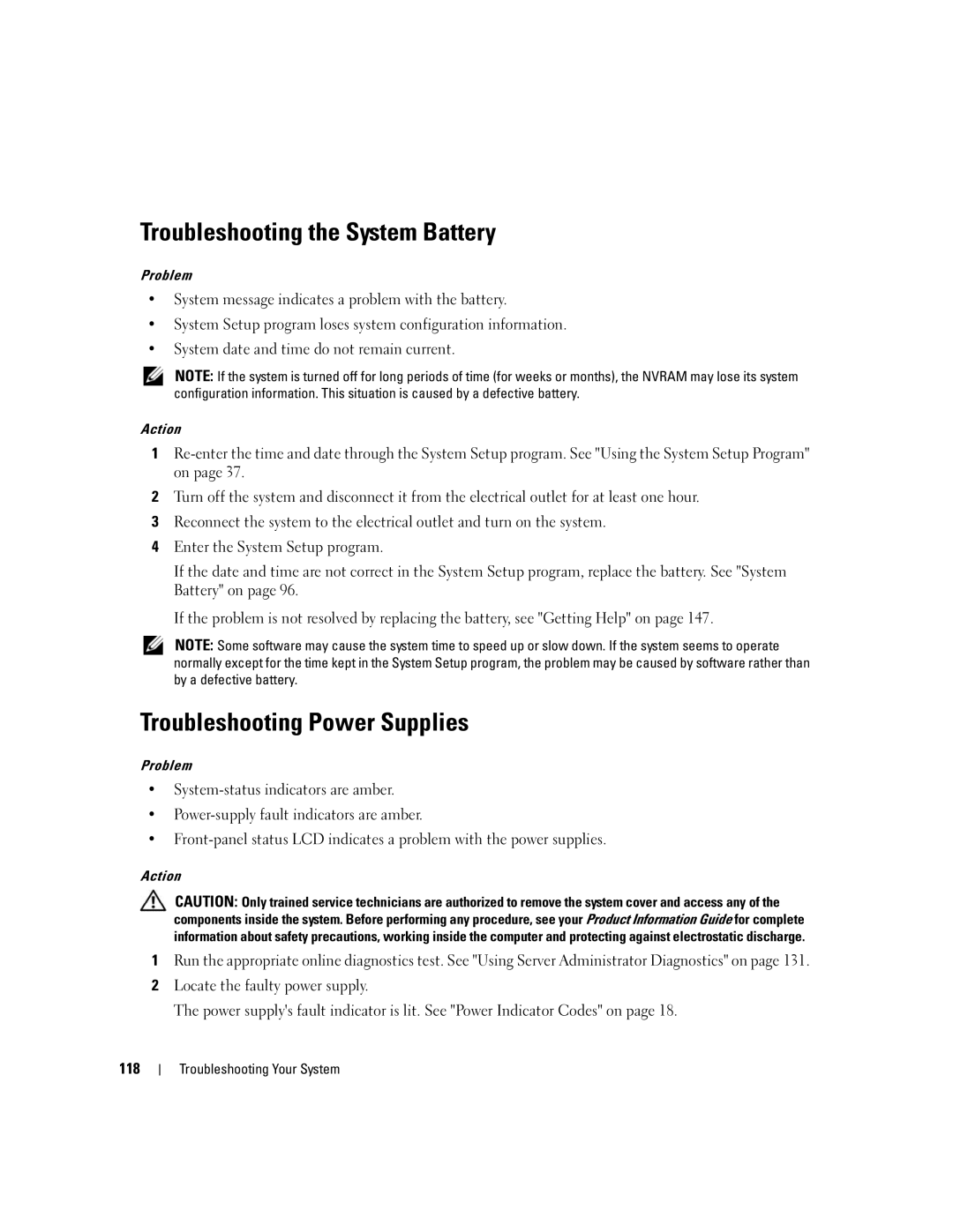 Dell 2950 owner manual Troubleshooting the System Battery, Troubleshooting Power Supplies 