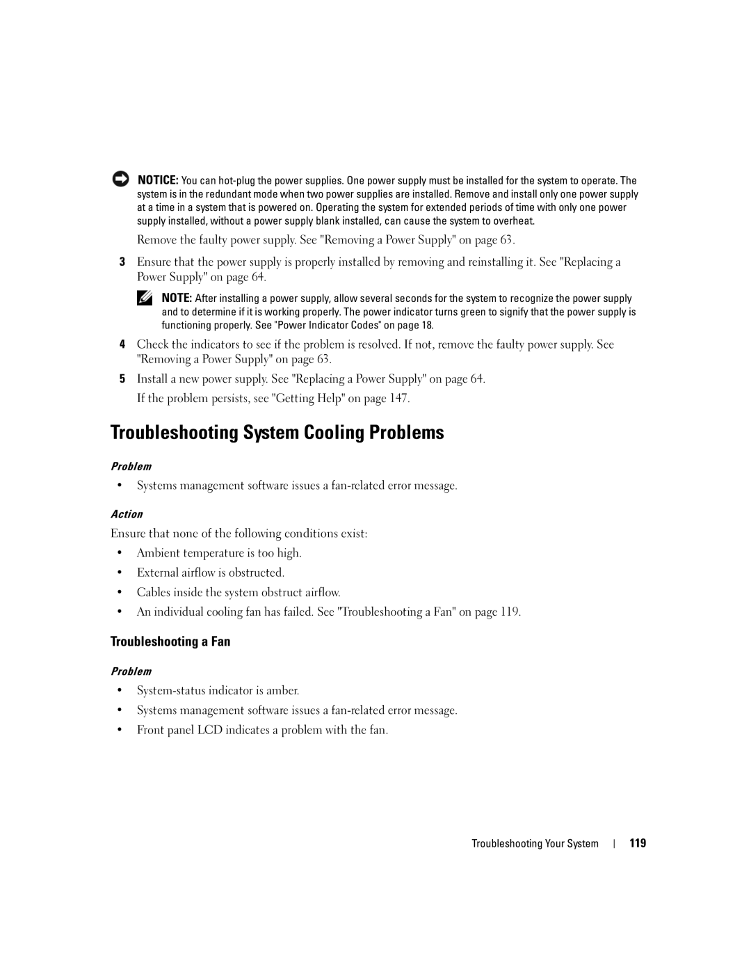 Dell 2950 owner manual Troubleshooting System Cooling Problems, Troubleshooting a Fan, 119 